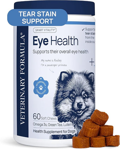 Veterinary Formula Eye Health Supplement for Dogs  Vet-Formulated Tear Stain Chews with Omega 3, Lutein & Cranberry  Smart Vitality Supports Eye Moisture, Stain Reduction & Immunity, 60 Soft Chews
