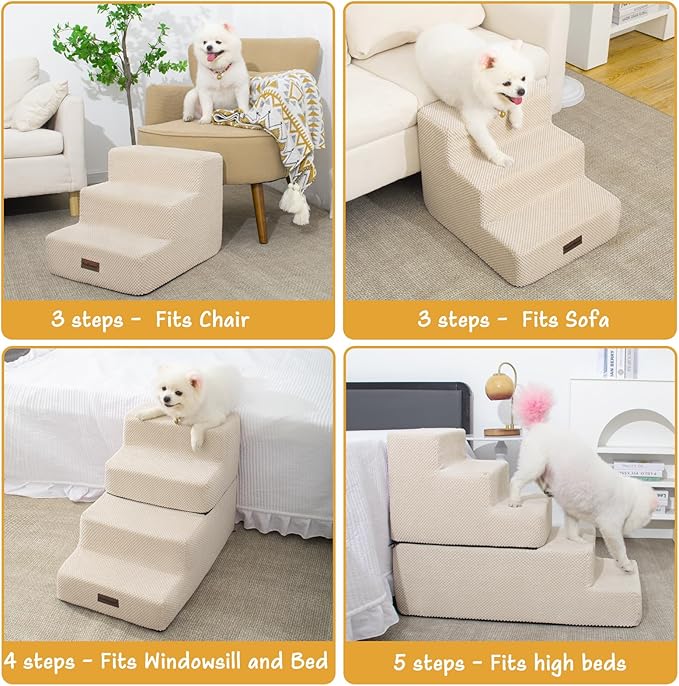 Dog Stairs for Small Dog, 4-Step Dog Steps for High Beds and Couch, Non-Slip Pet Stairs for Small Dogs and Cats,Dog Bed Stairs, Beige, 3/4/5 Steps