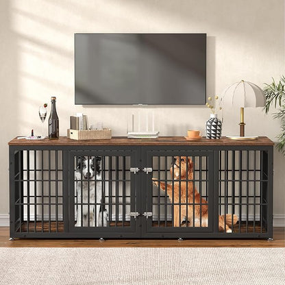 78 Inch Double Dog Crate Furniture, Heavy Duty Extra Large Cage Furniture with Divider for 2 Dogs, Decorative Wooden Kennel Furniture Indoor, Metal Pet House for Large and Medium Dogs