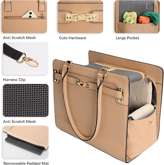 2-in-1 Stylish Dog Purse Carrier Soft-Sided Carriers Travel Tote Bag for Small Dogs Cats, Fashion Foldable Pet Bag for Puppies Small Animals with Pockets (Khaki, 15" L x 7.5" W x 12.2" H)