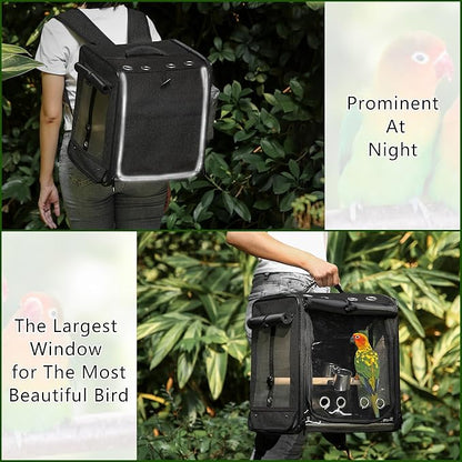 Suertree Bird Carrier with Seat Belt for Car Travel, Bird Backpack Carrier with Indestructible Stainless Steel Mesh, Large Bird Carrier Travel Cage, Black