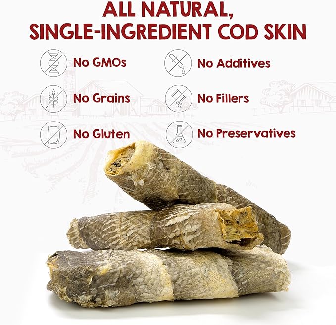 Riley's Cod Skins for Dogs - Air Dried Single Ingredient Dog Treats - Short, Hand Wrapped Cod Skin Dog Treats - Sustainably Caught in Iceland - 3 Pack 5 inch Chew Sticks