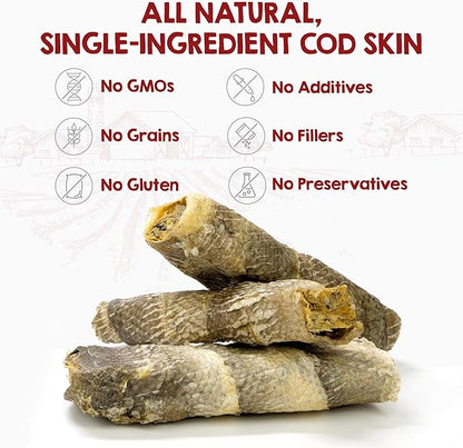 Riley's Cod Skins for Dogs - Air Dried Single Ingredient Dog Treats - Short, Hand Wrapped Cod Skin Dog Treats - Sustainably Caught in Iceland - 3 Pack 5 inch Chew Sticks