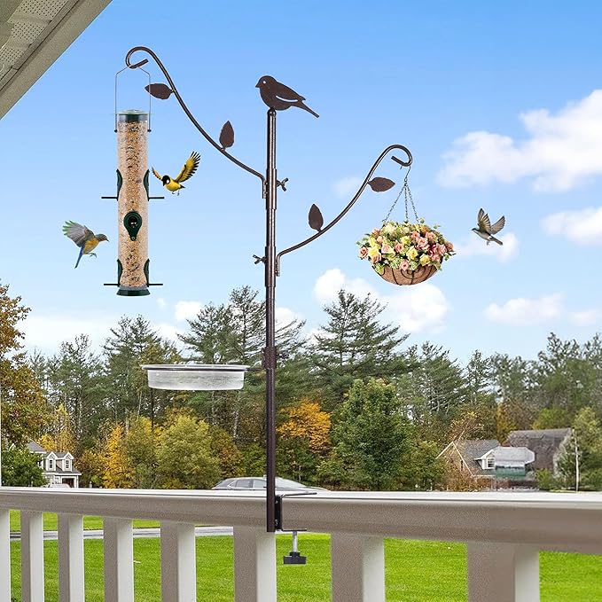 Deck Bird Feeder Pole Porch Multi-Hooks Hanging Kit for Outside with Two Adjustable Branches, Water Bowl, Bird Feeder Planter Hanger