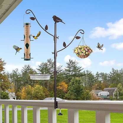 Deck Bird Feeder Pole Porch Multi-Hooks Hanging Kit for Outside with Two Adjustable Branches, Water Bowl, Bird Feeder Planter Hanger
