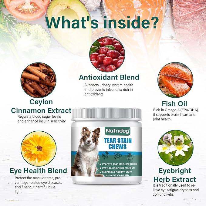 Tear Stain Chews for Dogs - Dog Tear Stain Remover & Supplement with Antioxidant Blend, Vitamin C, Lutein - 120ct Beef Flavor Soft Chews for Eye Health & White Fur Care (ND-038)