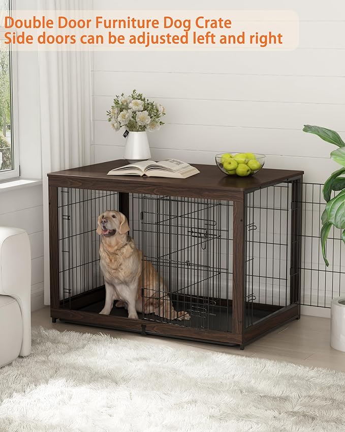 Piskyet Wooden Dog Crate Furniture with Divider Panel, Dog Crate End Table with Fixable Slide Tray, Double Doors Dog Kennel Indoor for Dogs(XL:43.2" L * 28.6" W * 30.3" H,Brown Walnut)