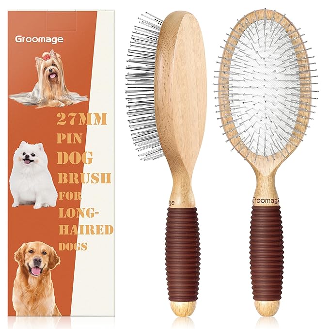 Dog Brush for Long Haired Dogs, 27mm Extra Long Pin Brush for Grooming, Shedding - Beech Wood Material, Non-Slip Rubber Handle, Round-Tipped Pins