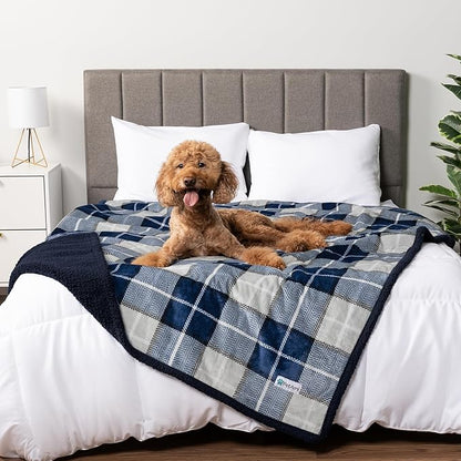 PetAmi WATERPROOF Dog Blanket for Bed, XL Dog Pet Blanket Couch Cover Protection, Sherpa Fleece Leakproof Bed Blanket for Crate Kennel Sofa Furniture Protector, Reversible Soft Plush 80x60 Plaid Navy