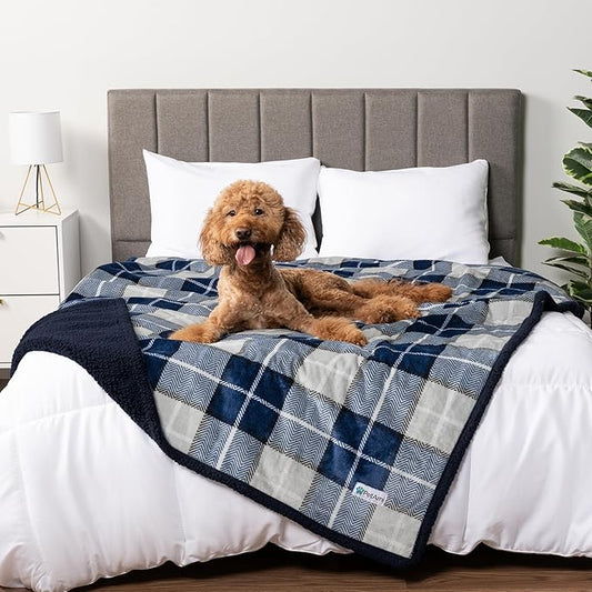 PetAmi WATERPROOF Dog Blanket for Bed, XL Dog Pet Blanket Couch Cover Protection, Sherpa Fleece Leakproof Bed Blanket for Crate Kennel Sofa Furniture Protector, Reversible Soft Plush 80x60 Plaid Navy