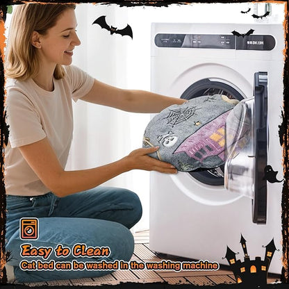 Tidjani Halloween Cat Tunnel Bed, Cat Tunnels for Indoor Cats with Bat Wings, Foldable Pet Donut Bed with Middle Mat and Dangling Balls, Pet Play Toy with Ghost, Spider Web Pattern Decorations