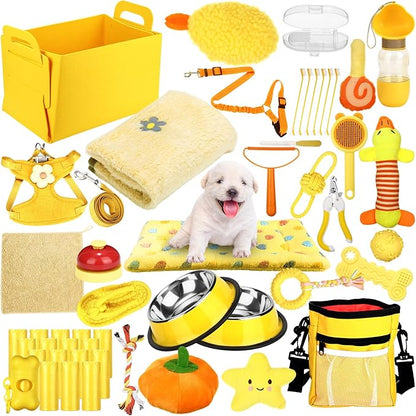 Abbylike 50 Pcs Puppy Supplies Starter Kit for Small Dogs Puppy Essentials Includes Leash, Bowls, Teeth Brushes, Water Bottle, and More Accessories for Dogs Christmas Welcome Gift(Yellow)