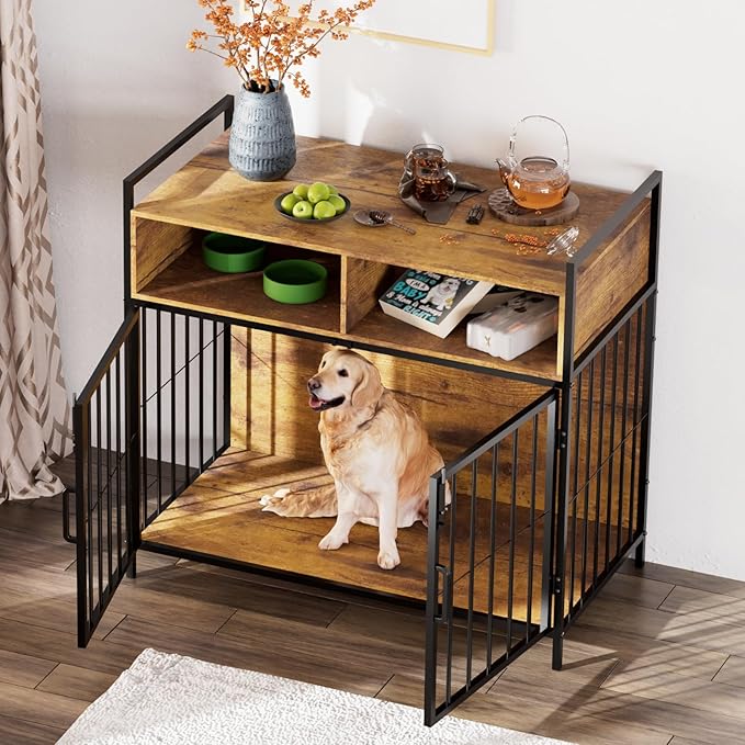 aboxoo 40/32 Inches Furniture-Style Cages,Large Medium Dog Kennels Indoor,Wood Dog Crate Table with Drawers Storage(Rustic Brown)