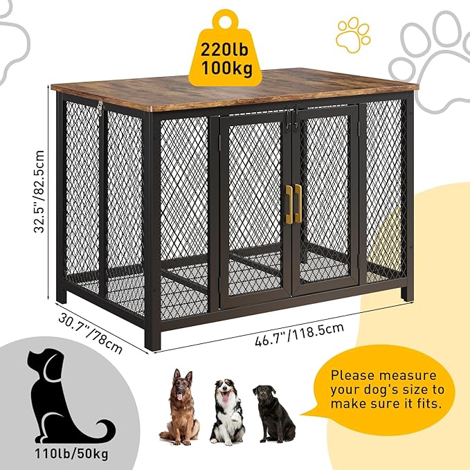 48 Inch Flip Top Dog Crate Furniture, Large Dog Kennel with 2 Doors, Latches, Heavy Duty Metal Dog Cage End Table, Farmhouse Dog Furniture for Large Medium Small Dogs, Brown