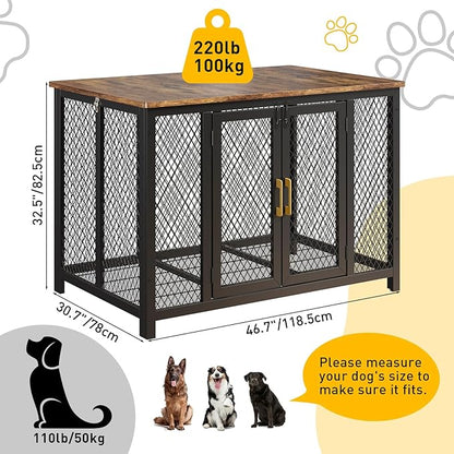 48 Inch Flip Top Dog Crate Furniture, Large Dog Kennel with 2 Doors, Latches, Heavy Duty Metal Dog Cage End Table, Farmhouse Dog Furniture for Large Medium Small Dogs, Brown