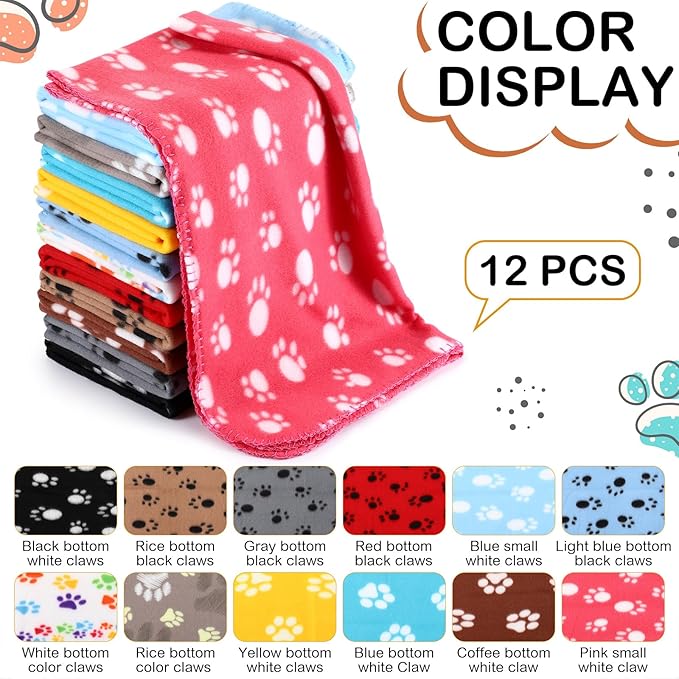 Tegeme 12 Pieces Fleece Blankets for Pets Dog Puppy Paw Print Cat Bedding Cover Blanket for Small Animals Pig Cage Liner Sleep Mat Pad Kitten Soft Warm(Cute Style,31 x 36 Inches)