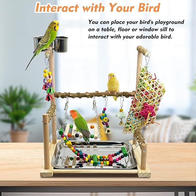 kathson Parrot Play Stand Parakeet Playground Bird Jungle Gym Wood Conure Playstand Hanging Chewing Toys with Feeder Cups and Swings Bird Cage Accessories for Cockatiel Lovebirds Budgie