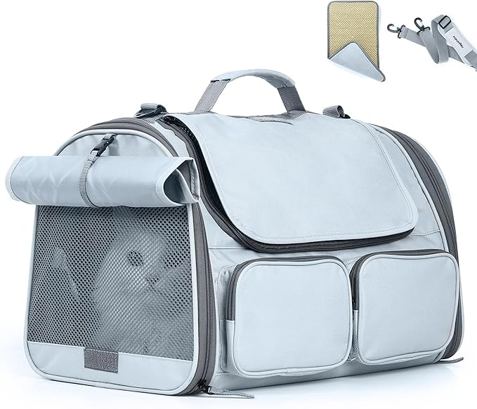 FUKUMARU Cat Carrier, Soft-Sided Small Dog Carrier, Large Cat Travel Bag with 4 Mesh Windows, Under 15 lb Airline Approved Pet Carrier with 4 Storage Pockets, Rollable Cover for Nervous Cats, Grey