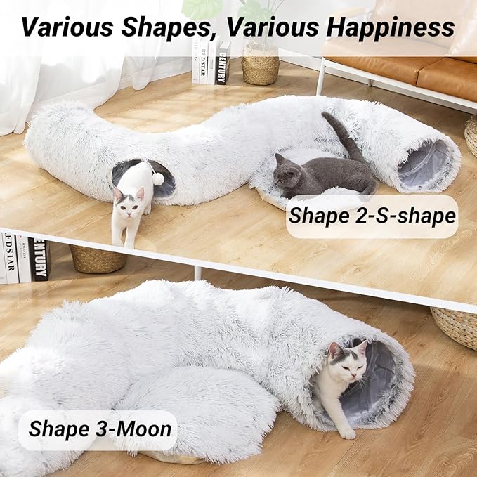 LUCKITTY Warm Fluffy Plush Cat Dog Tunnel Bed Under Christmas Tree Big Tube Playground Toys 3 FT Diameter Longer Crinkle Collapsible 3 Way, for Indoor Cat Kitty Kitten Puppy Rabbit Ferret White