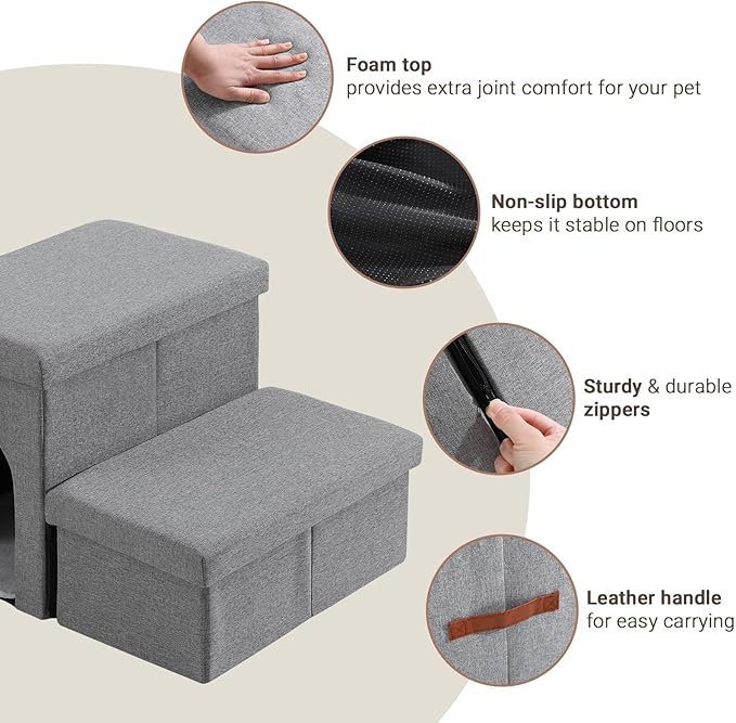 JOLLYVOGUE Dog Steps for Small Dogs, Cat Stairs with Storage, Non-Slip Dog Steps for Beds Couches, Folding Pet Stairs Helper for High Beds, Dog Ramp for Small Dogs and Cats or Pets Friendly, 2-Tiers