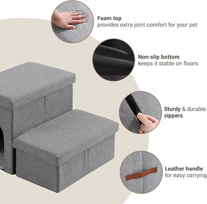 JOLLYVOGUE Dog Steps for Small Dogs, Cat Stairs with Storage, Non-Slip Dog Steps for Beds Couches, Folding Pet Stairs Helper for High Beds, Dog Ramp for Small Dogs and Cats or Pets Friendly, 2-Tiers