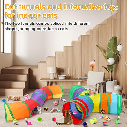 Poen 22pcs Cat Kitten Toys Set with 2 Collapsible Cat Tunnel and 20 Interactive Kitty Feather Toy, Fluffy Mouse, Crinkle Balls, for Kitten Puppy(Multicolor)