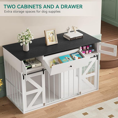 YITAHOME 60" Wooden Dog Crate Furniture with Removable Divider, Large Dog Kennel with Drawers, Double Doors & Locks Design, Dog Crate Furniture TV Stand for Medium Large Dogs