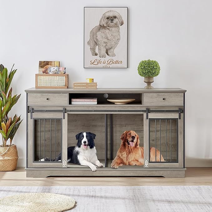 Rovibek 66 Double Dog Crate Furniture for 2 Dogs, Large Double Dog Kennel Furniture TV Stand, Furniture Style Dog Crates End Table, Wood Crates for Dogs Kennel Indoor Grey
