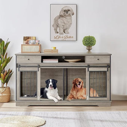 Rovibek 66" Double Dog Crate Furniture, Large Dog Kennel Furniture TV Stand for 2 Dogs, Furniture Style Dog Crates End Table, Wood Crates for Dogs Grey