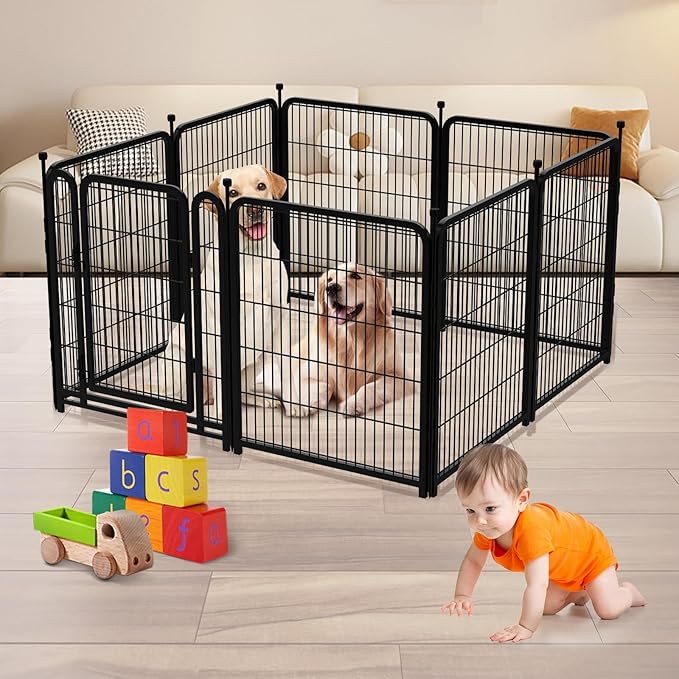 Dog Playpen 48 inch(H) 8 Panels Total 17.7 Ft(L) Dog Fence Outdoor for Yard. Wide Door Low Thresholdï¼_etal Dog Pen Heavy Duty Pet Puppy Exercise Pen for Rv Camping Garden Yard