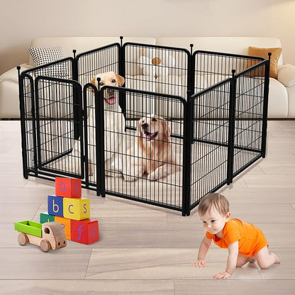 Dog Playpen 48 inch(H) 8 Panels Total 17.7 Ft(L) Dog Fence Outdoor for Yard. Wide Door Low Thresholdï¼_etal Dog Pen Heavy Duty Pet Puppy Exercise Pen for Rv Camping Garden Yard
