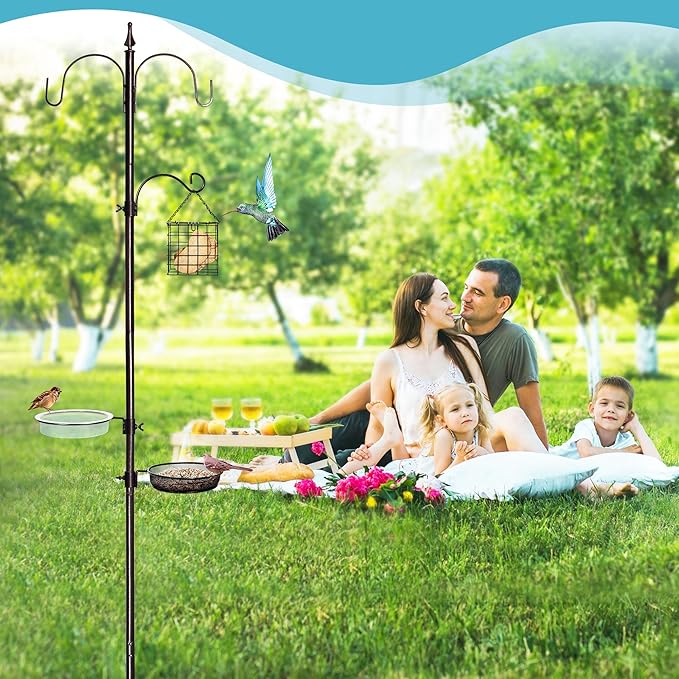 Bird Feeder Stand Pole,77 Inch Feeding Station Kit for Outside, Wild Bird Feeder Hanging Kit with Metal Suet, Bird Bath and Mesh Tray, 3-Prong Base