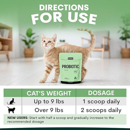 Probiotic for Cats & Kittens - Cat Probiotic Powder for Hairball Prevention, Digestive Support, Immune Health, Prebiotics, and Diarrhea Relief - Suitable for Indoor Cats & Kittens - 60 Scoops