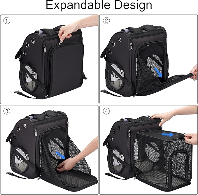 Expandable Cat Carrier Backpack for Cats, Dogs and Small Animals, Portable Pet Travel Carrier, Super Ventilated Design, Airline Approved, Ideal for Traveling/Hiking/Camping, Black