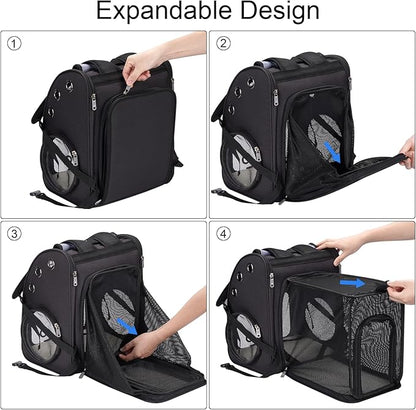 Expandable Cat Carrier Backpack for Cats, Dogs and Small Animals, Portable Pet Travel Carrier, Super Ventilated Design, Airline Approved, Ideal for Traveling/Hiking/Camping, Black