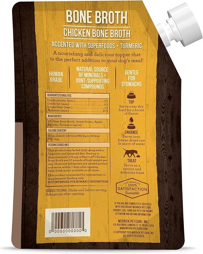 Merrick Grain Free Bone Broth, Premium Human Grade And Gluten Free Dog And Cat Food Topper Pouches, Chicken - 16 oz. Pouch