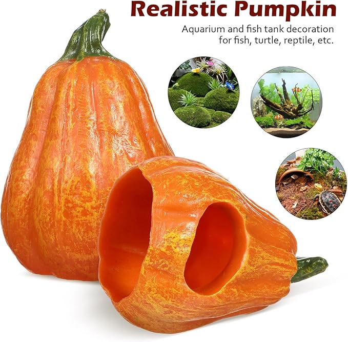 POPETPOP Resin Pumpkin Aquarium Décor Ornaments, Fish Tank Safe Decorations, Small Turtles Hiding Hole Cave, Table Decor Reptile Box Shelter Habitat -Thin Pumpkin