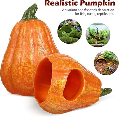 POPETPOP Resin Pumpkin Aquarium Décor Ornaments, Fish Tank Safe Decorations, Small Turtles Hiding Hole Cave, Table Decor Reptile Box Shelter Habitat -Thin Pumpkin