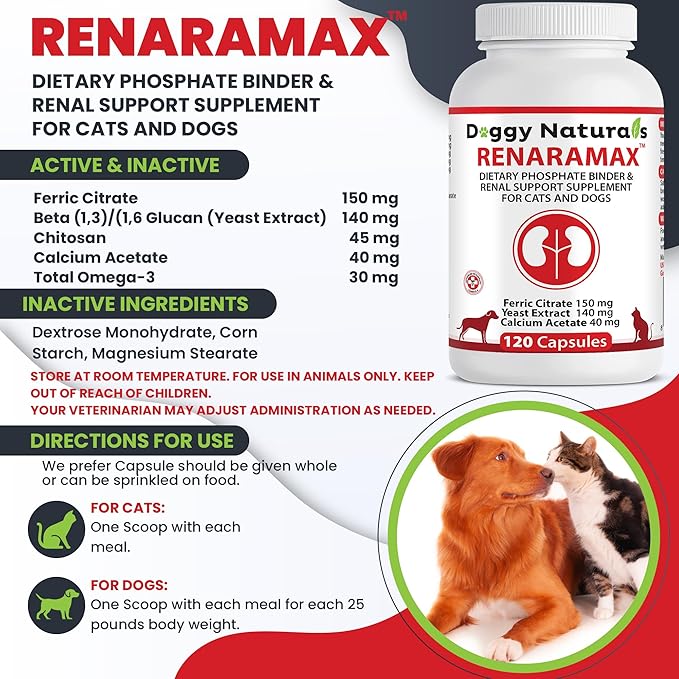 RENARAMAX Dietary Phosphate Binder and Renal Support Supplement for Cats and Dogs Count (Made in U.S.A) (120 Caps)