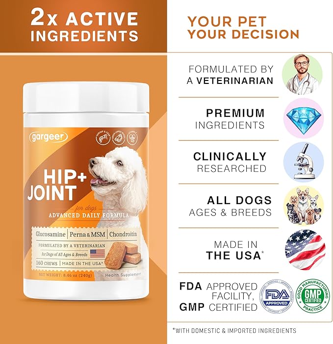 Hip & Joint Mobility Health Supplement. Rich with Natural Glucosamine, MSM and Green Lipped Mussel. Vet Created - For All Dog Breeds & Ages. 160 Duck Flavor Soft Chews. Made in the USA. Enjoy!