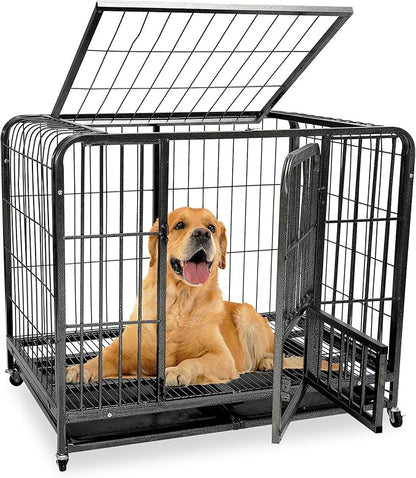 43.3inch Indestructible Metal Dog Crates for Large Dogs, Heavy Duty Escape Proof Dog Kennel Indoor Extra Large Dog Crate with Lockable Wheels, XL Dog Crate 43.3" L x 28.3" W x 37.8" H