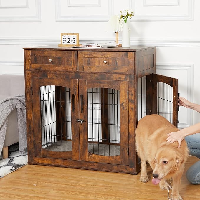 GAOMON Dog Crate Furniture with Cushion,Wooden Dog Kennels Indoor with 2 Drawers,Dog Furniture Crate End Table with Storage