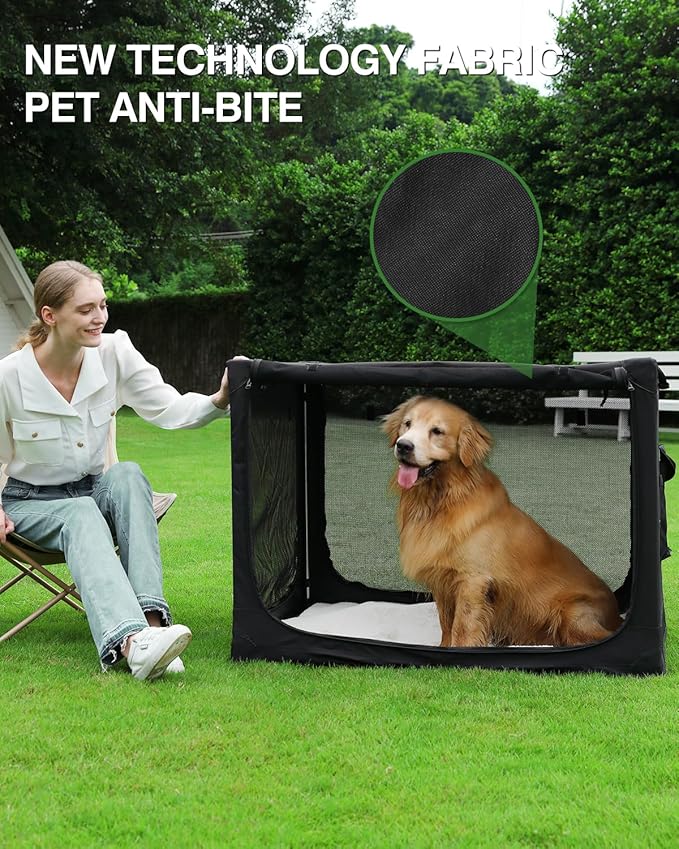 42 Inch Collapsible Travel Dog Crate for Medium Large Dogs, Portable Dog Crate 4-Door Foldable Soft Kennel with Chew-Proof Mesh Windows for Indoor & Outdoor Travel,with Storage Bag,Black