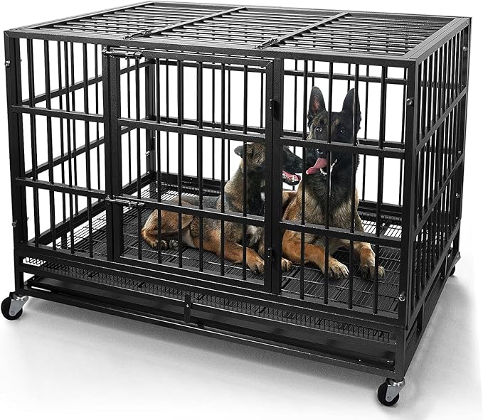 48/38 Inch Heavy Duty Indestructible Dog Kennel with Wheels, High Anxiety Crate, Sturdy Locks, Double Door and Removable Tray Design, Extra Large XL Crate