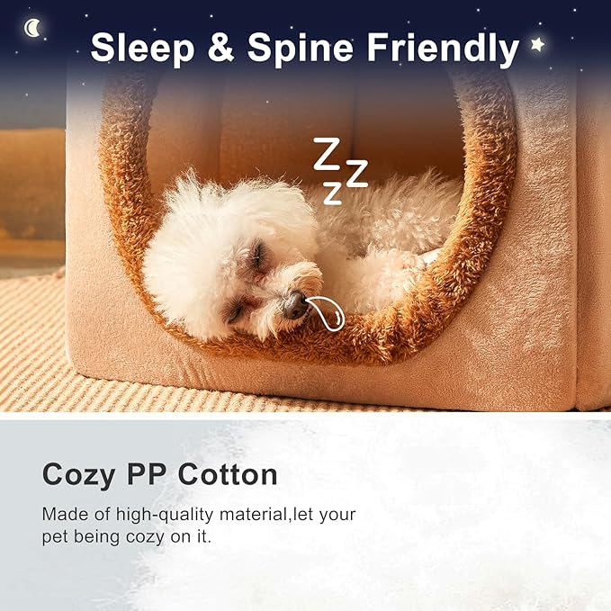 Jiupety Dog House Dog Bed with Cover Cave with Non-Slip Bottom, M Size Tent Bed Up to 15 Lbs Cat and Puppy, Brown