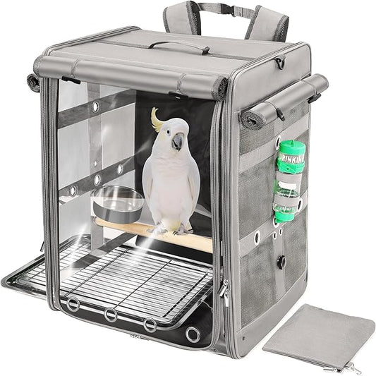 Suertree Bird Carrier Travel Cage, Cockatoo Carrier, Parrot Travel Backpack with Unbreakable Stainless Steel Mesh, Perch, Water Bottle and Food Bowl, X-Large Grey