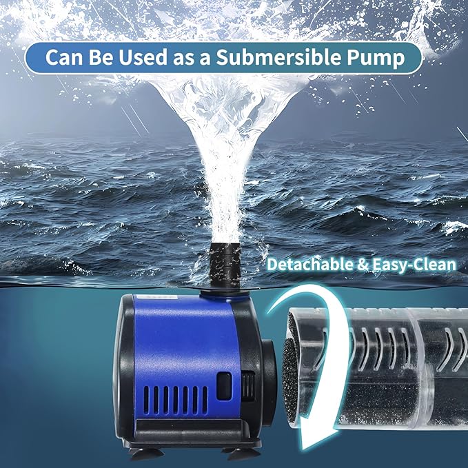 TARARIUM Aquarium Filter Pond Pump 660GPH for 75-300 Gallon Fish Tank, 8ft. High Lift Dry Burning Protection Biochemical Submersible Internal Powerful Pump 4 in 1, Saltwater Freshwater Large