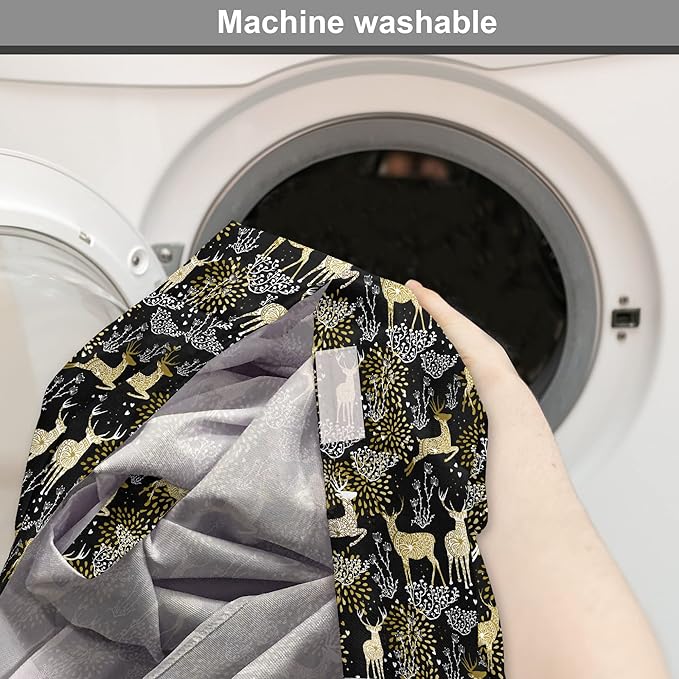 Ambesonne Christmas Dog Crate Cover, Nature Woodland and Deer Silhouettes with Oriental Ornaments Design, Easy to Use Pet Kennel Cover for Cats & Medium Dogs, 30 Inch, Yellow White Black