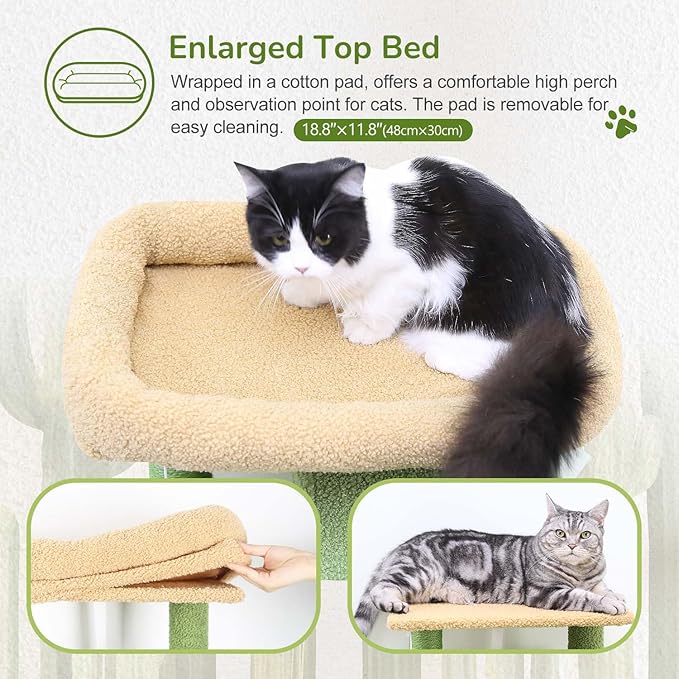 Globlazer Cactus Cat Tree Tower with Scratching Post for Indoor Cats, 53inch Tall Plush Multi-Level Cat Climbing Tower Condo with Large Hammock, Spacious Cat Cave, Padded Top Perch Bed, F53, Green