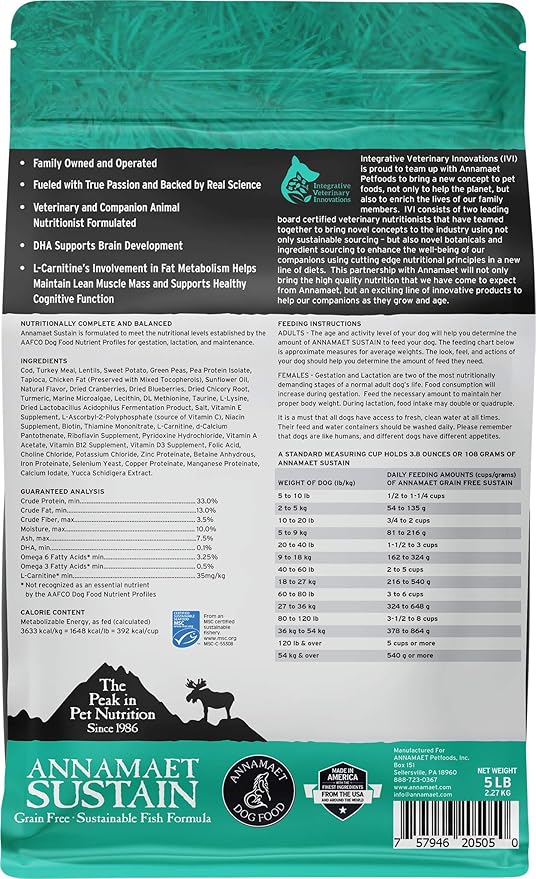 Annamaet Grain-Free Sustain Formula Dry Dog Food, (Line-Caught Cod & Free-Range Turkey), 5-lb Bag
